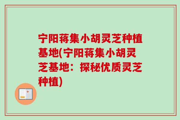 宁阳蒋集小胡灵芝种植基地(宁阳蒋集小胡灵芝基地：探秘优质灵芝种植)