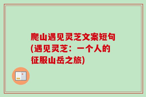 爬山遇见灵芝文案短句(遇见灵芝:一个人的征服山岳之旅) 爬山遇见灵芝文案短句(遇见灵芝:一个人的征服山岳之旅)